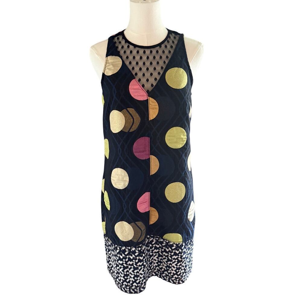 Maeve Anthropologie Metallic Gold Dot Shift Dress XS Retro Artsy Festival Bold
